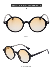 Front and side view of round black sunglasses with orange gradient lenses