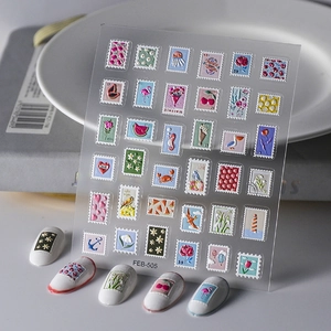 5D embossed vintage stamp nail art stickers FEB-505 with flowers and animals