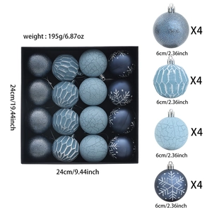 Detailed views of 16-pack blue Christmas ornaments with assorted glitter and crackle textures
