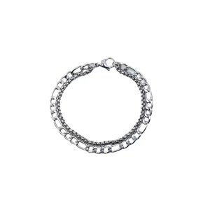 Double-layered stainless steel Figaro and Box chain bracelet with lobster clasp for men