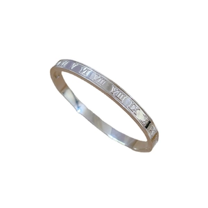 Minimalist silver titanium steel bangle with engraved Roman numerals on a white background