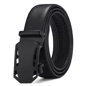 Men's automatic buckle belt in black lychee grain leather with matte metal shield buckle