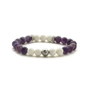 Frosted amethyst and white lava stone beaded bracelet with textured silver sphere