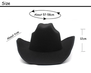 Detailed size chart for black wool felt fedora with 9cm brim and 12cm height dimensions