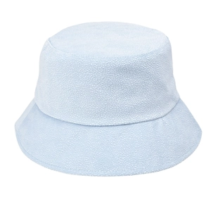 Detailed close-up of light blue bucket hat showing high-quality textured boucle fabric