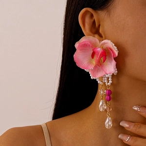 Elegant pink fabric orchid earrings with pearls and crystal droplets for women
