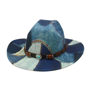 Patchwork Denim Fedora Hat Western Cowboy Retro Wide Brim Ethnic Cotton With Faux Leather Wood Beads Turquoise Accent