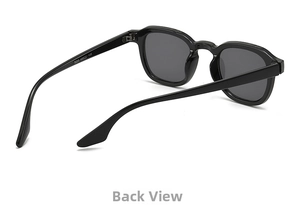 Close-up of internal temple specs on vintage round black glossy sunglasses frames