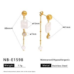 Detailed size specifications of 18k gold plated stainless steel pearl tassel earrings