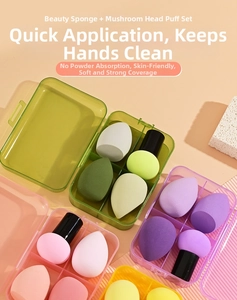 Detailed view of colorful makeup sponges and mushroom puffs in matching storage boxes