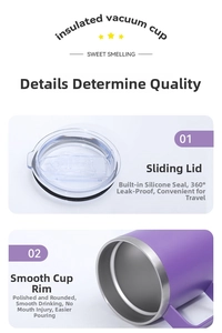 Detail of purple 12oz insulated cup showing the leakproof lid and smooth round rim