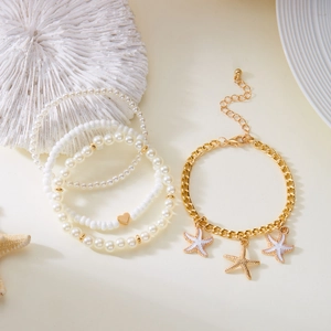 Bohemian gold starfish seashell and pearl anklet set for summer vacation wear