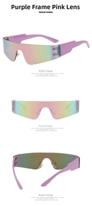 Detail view of purple rimless futuristic sunglasses with gradient mirror lenses