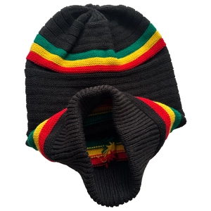 Detail of Rasta knit beanie featuring red yellow and green stripes on warm black yarn
