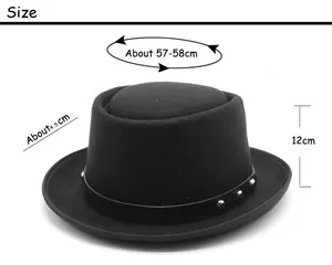Tableau des tailles du chapeau en feutre noir avec dimensions du bord, hauteur et circonférence