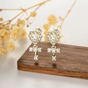 Heart Cross Cartilage Piercing Stud French Vintage Coffee Gold Titanium Steel Screw Back Cubic Zirconia Jewelry Women