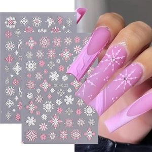 Pink and white Christmas snowflake nail stickers set CO-032 with long matte press-on nails