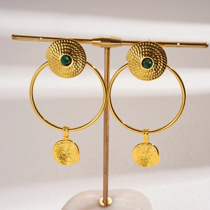 24K gold plated earrings with vintage green malachite beads and textured round discs