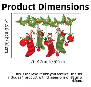 Size chart showing Christmas wall sticker dimensions 38x52cm with socks and holly design