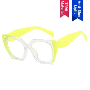 Cat-eye TR-90 glasses frame in transparent and neon yellow with anti-blue light lenses