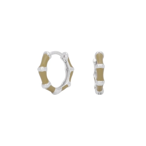 Close-up of olive green enamel bamboo design on 925 sterling silver hoop earrings