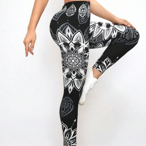 High-waisted tie-dye yoga leggings with black and white mandala print for women