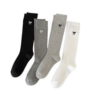 Japanese style calf-high ribbed cotton socks with bow embroidery in four assorted colors