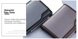 Detail view of black and brown leather bifold wallets with textured finish and zippers