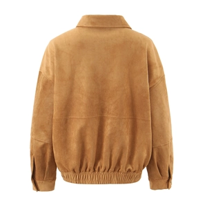 Back view of brown suede aviator jacket with premium stitching and ribbed hem details