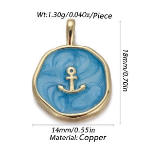 Detailed specs of golden anchor pendant with blue enamel and dimensions in copper