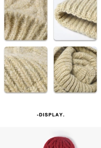 Detailed close-up of thick ribbed knit pattern and soft texture on a warm winter beanie
