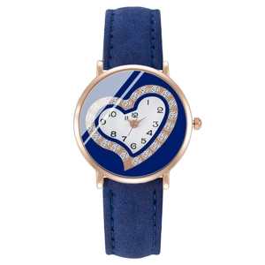 Classic blue quartz watch for women with rhinestone heart dial and rose gold case