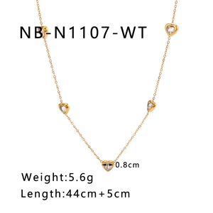 Detail view of 18k gold plated necklace with clear heart zircon pendants and dimensions