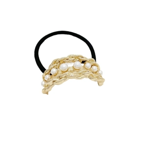 Fashion elastic hair tie with gold alloy chain and elegant white pearl inlay on black band