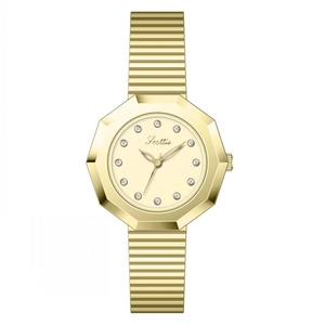 Elegant gold-tone women's quartz watch with octagonal dial and rhinestone markers