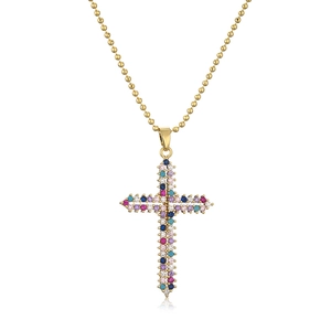 Gold plated bead chain necklace with a colorful zircon encrusted cross pendant