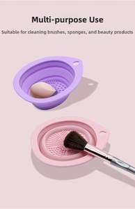 Collapsible silicone makeup brush cleaning bowl with textured surface for deep cleaning