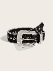 Close-up of black rhinestone belt with silver Western buckle and star metal studs