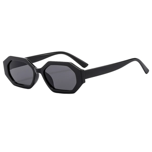Modern black geometric hexagonal sunglasses with dark grey lenses shown at a 45-degree angle