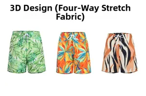 Detailed view of three swim trunks showing various tropical prints and micro-stretch fabric