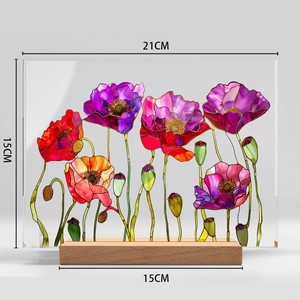 Floral acrylic table decor with dimensions 21x15cm featuring wood base and stained glass style