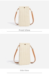 Front and side views of beige woven straw phone bag with leather strap and metal buckle