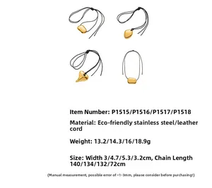 Detailed view of irregular fluid gold pendants on leather cords with sizing specs