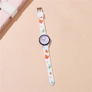 Montre à quartz pour enfants avec bracelet silicone blanc à papillons et cadran coloré