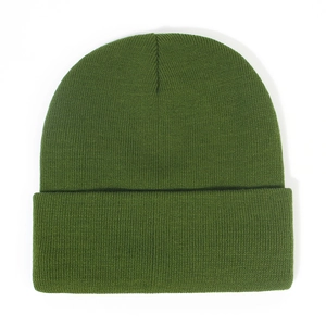 Detailed close-up of army green ribbed knit beanie with high-quality yarn texture