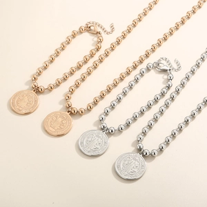 Retro Saint Benedict medal pendant necklace and bracelet set in gold and silver finish