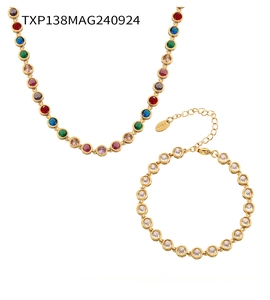 Detail view of gold-plated stainless steel jewelry set with colorful zircon stones