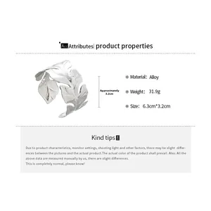 Detailed specs showing silver leaf cuff bracelet in alloy with clear vein texture