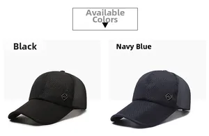 Close-up of breathable mesh baseball caps in black and navy blue with metal accents