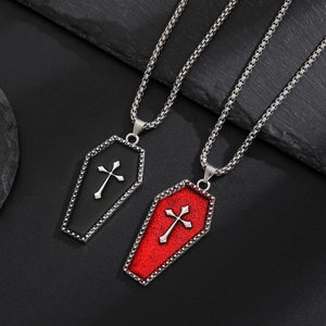 Gothic coffin pendant necklaces with silver cross in matte black and glitter red finish